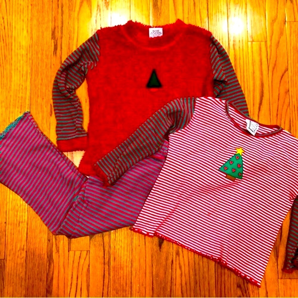 3 piece Miss Tee V-Us Christmas Set Furry top w appliqué tree Striped pants